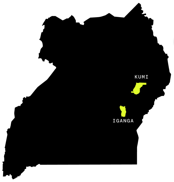 Map of Eastern Uganda showing Kumi and Iganga